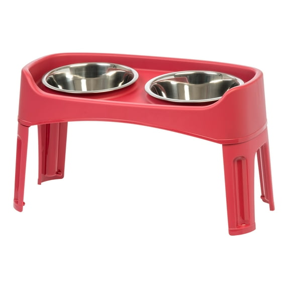 IRIS USA Elevated Dog Bowls, Adjustable Height, 2 Thick 64 oz Stainless Steel Bowls, Spill-Proof with Raised Outer Rim, Durable Made in USA Plastic, Easy Assemble, 2 Heights 4.63" or 12.25" Red