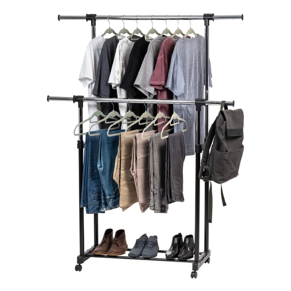 IRIS expandable Double Rod Clothes Rack, Garment Rack, Clothing Rack w/Lockable Wheel