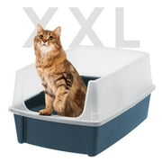 IRIS Extra Large Open Top Cat Litter Box with Scatter Shield, Sturdy Open Air Kitty Litter Pan with Tall Spray, Navy