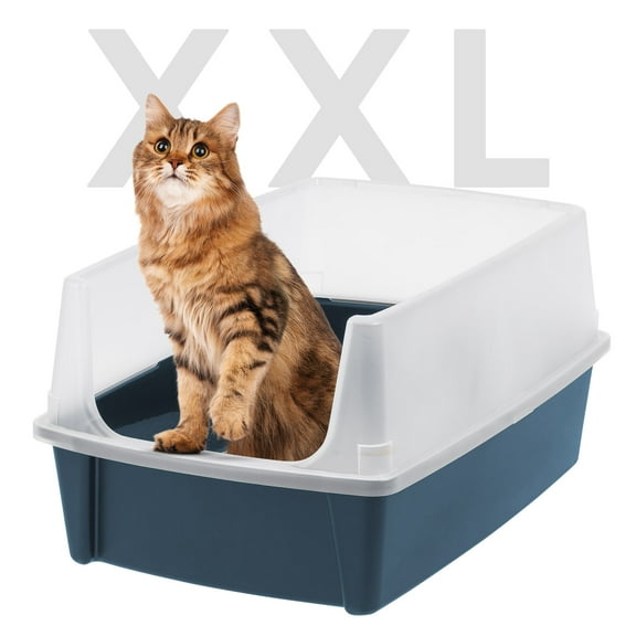 IRIS USA Extra Large Open Top Cat Litter Box with Scatter Shield, Sturdy Easy to Clean Open Air Kitty Litter Pan with Tall Spray, Navy