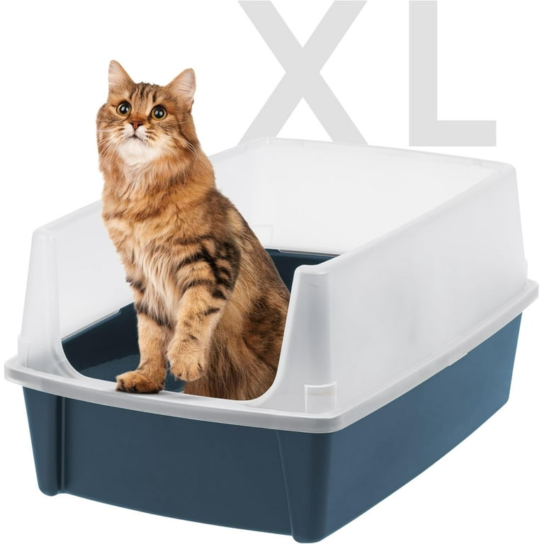IRIS USA Extra Large Open Top Cat Litter Box with Scatter Shield Sturdy Easy to Clean Open Air Kitty Litter Pan with Tall Spray Navy