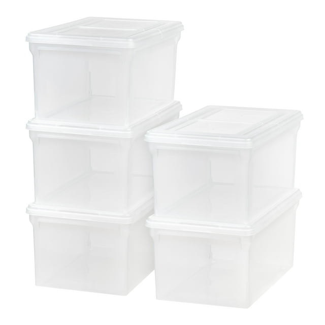IRIS USA File Box File Organizer Plastic File Box w/ Hinged Latching Lid for Letter/Legal File, BPA-Free Plastic Storage Bin Tote Organizer, Stackable and Nestable, Clear 44 Qt. 5Pack