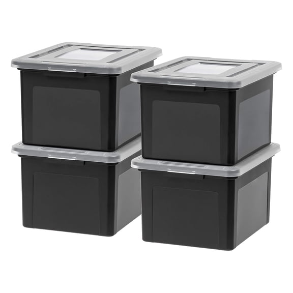 IRIS USA File Box, Plastic 35 Qt Stackable Tote, Document Organizers with Lids, Black