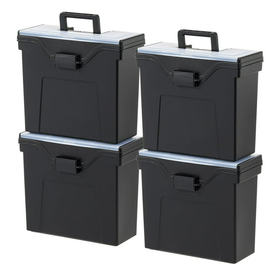 IRIS USA File Box Slim Portable File Organizer Plastic File Box for Letter File w/ Organizer-Lid, BPA-Free Plastic Storage Organizer with Secure Buckle and Handle, Black 4 Pack