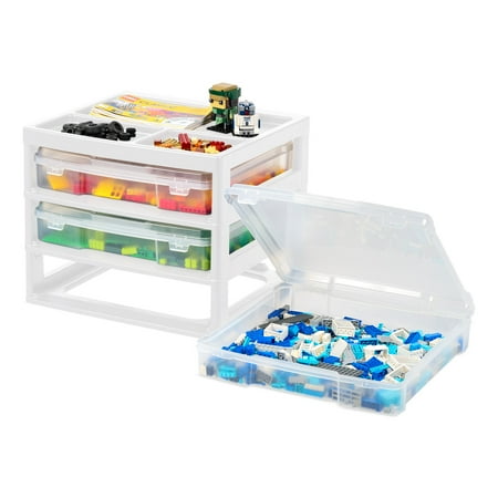 IRIS Fits 12" x 12" Paper 3 Tier Scrapbook Storage Unit with Organizer Top for Building Blocks Lego Papers, White/Clear
