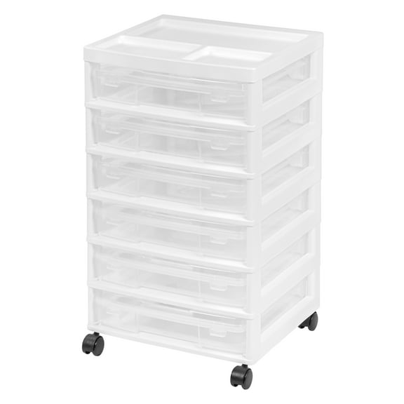IRIS USA Fits 12" x 12" Paper, 6-Tier Scrapbook Rolling Storage Cart with Organizer Top for Papers Vinyl Tools Office Art and Craft Supplies, Yarn, White Frame with 6 Clear Cases w/ Built in Handle