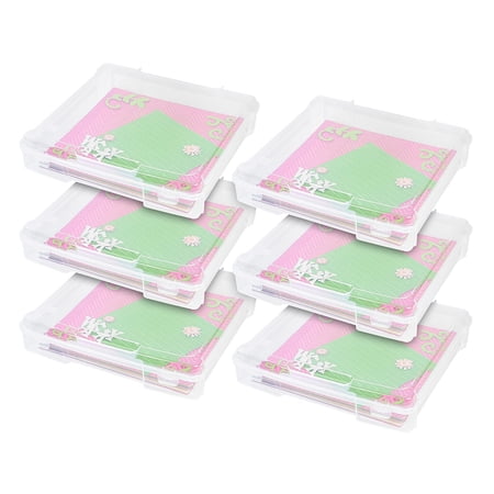 IRIS USA Fits 12" x 12" Paper, Thick Portable Plastic Scrapbook Paper Storage Cases Organizers with Built-in Handle for Art Craft Supplies Yarn File Paper Documents, Rounded Corner, Clear, 6-Pack