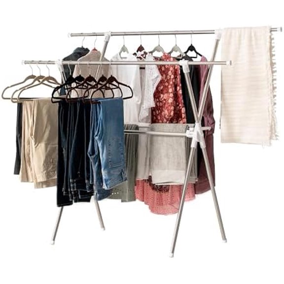 IRIS USA Foldable Drying Rack with Extendable Rods for Large Laundry Loads, Clothes Drying Rack, Freestanding Foldable Laundry Rack, Anti-Skid Feet, Portable and Storable, Silver