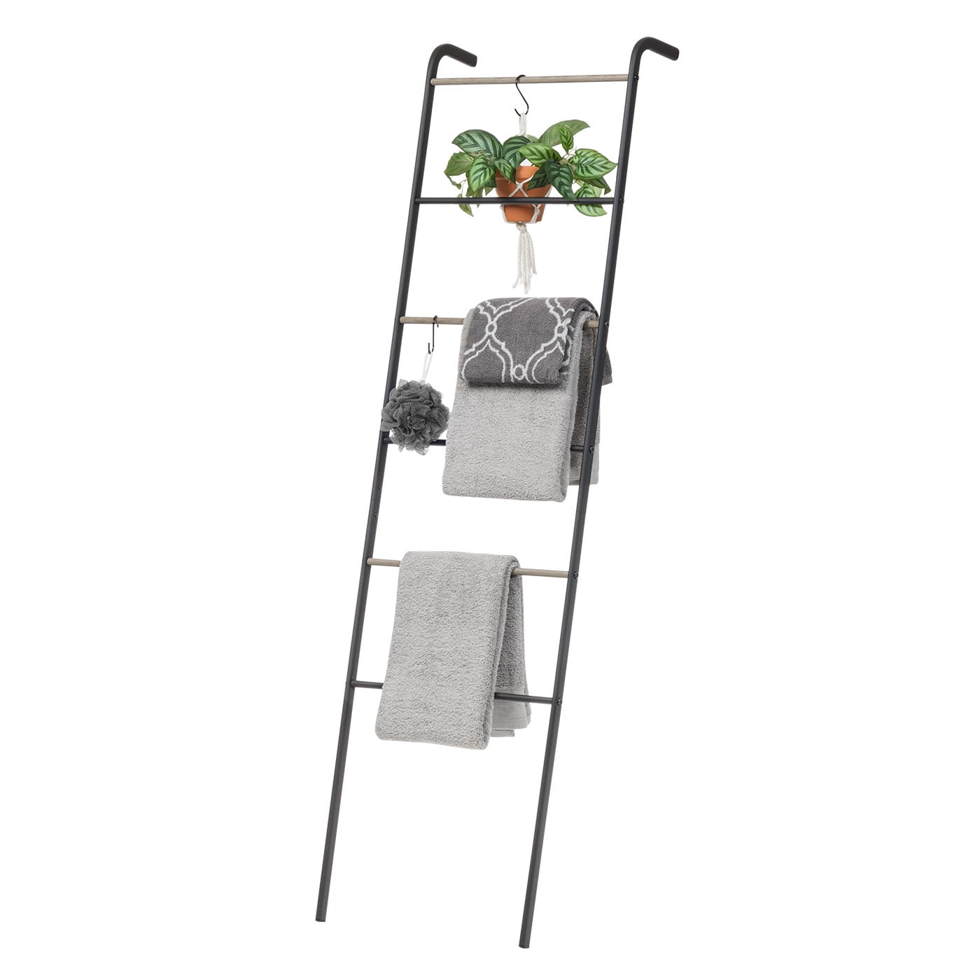 Black Metal and Wood Ladder Style Garment Rack