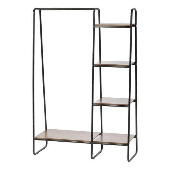 IRIS USA Garment Rack with Wooden Shelves for Hanging Clothes and Displaying Accessories Black and Dark Brown