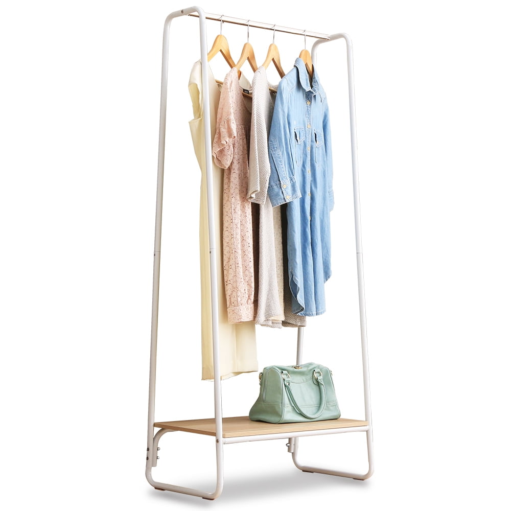 IRIS USA Garment Rack with Wooden Shelves for Hanging Clothes and Displaying Accessories Frost White