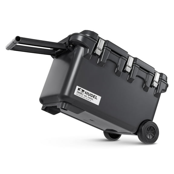 IRIS USA HUGEL 64 QT Cooler Box Insulated, Hard Cooler, Vacuum-Insulated Panels Durable Portable Ice Chest with Built-in Handle and Wheels, Black