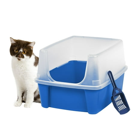 IRIS IRIS Open Top Cat Litter Tray with Scoop and Scatter Shield, Cat Litter Pan, Blue