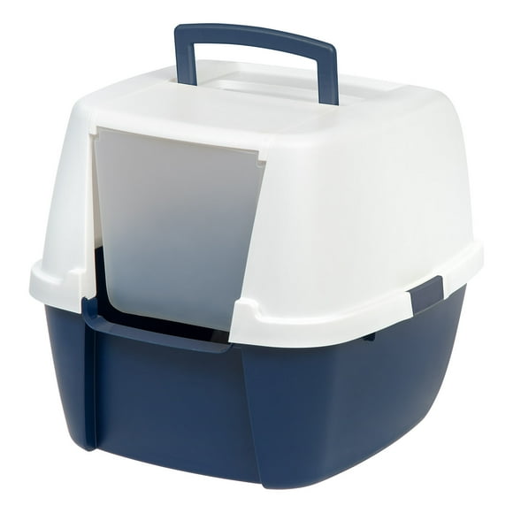IRIS USA, Jumbo Hooded Cat Litter Box with Carrying Handle and Entry Flap, Large, Navy-White
