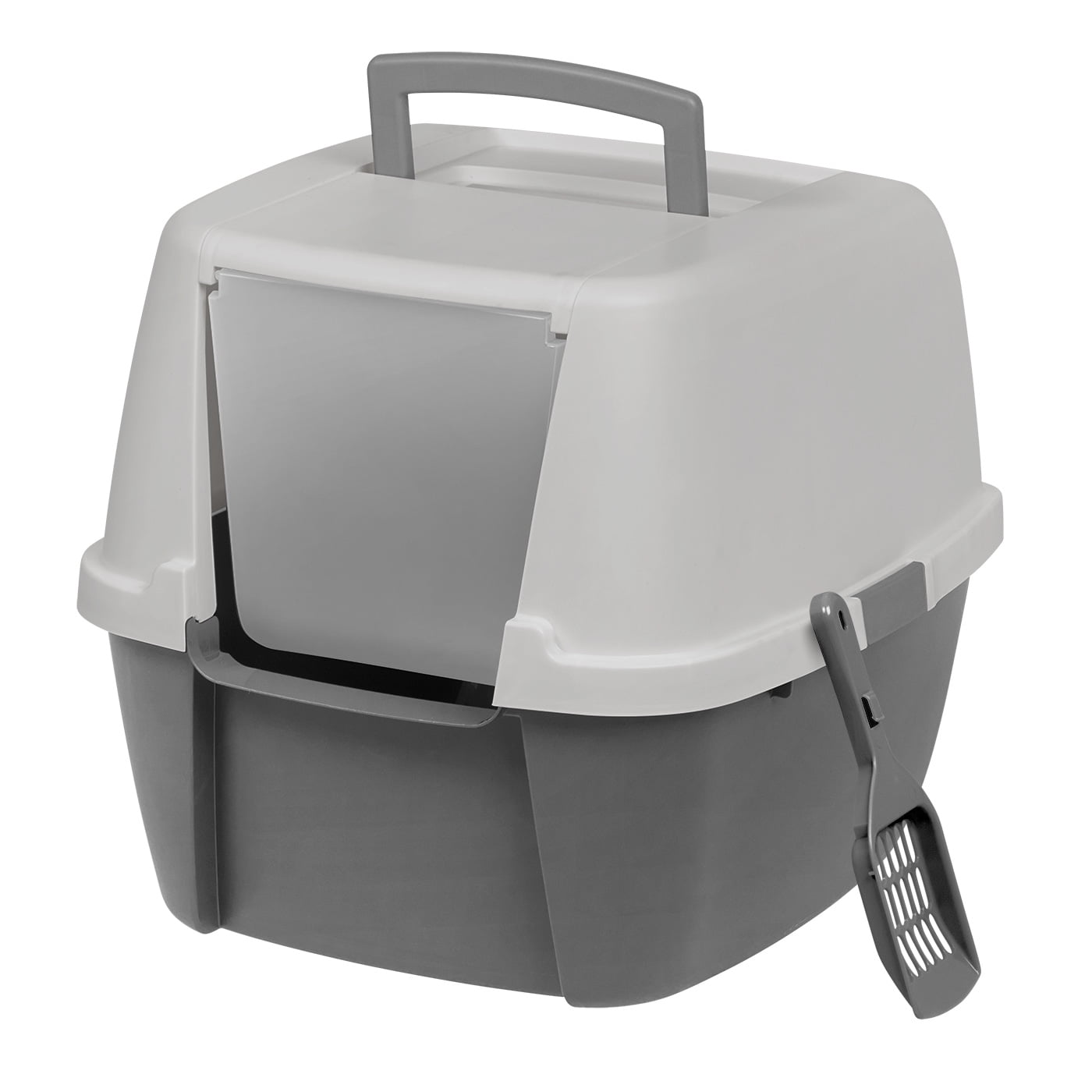 Large Dark Gray and White Hooded Cat Litter Box with Scoop