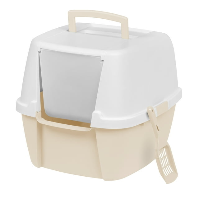 IRIS USA Jumbo Hooded Cat Litter Box with Scoop, Off White