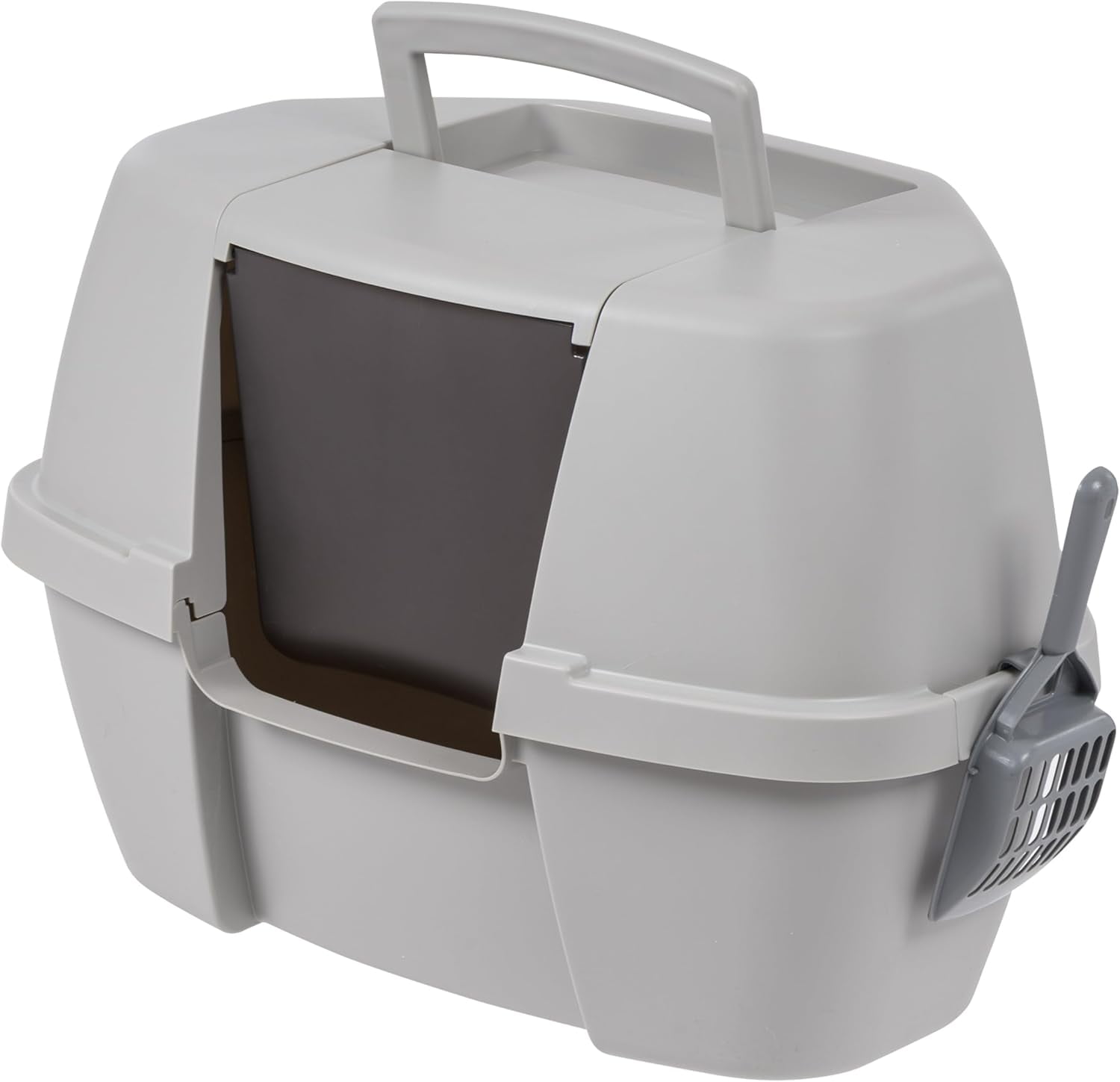Large Gray Plastic Corner Enclosed Cat Litter Box with Scoop