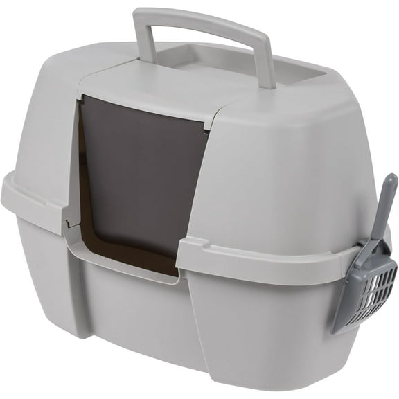 IRIS USA Large Corner Cat Litter Box with Lid | Enclosed Design, Scoop, Handle & Buckles, Gray