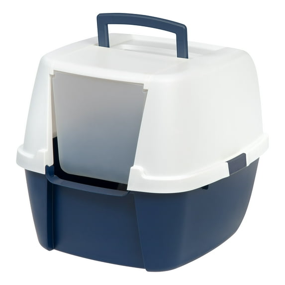 IRIS Large Covered Cat Litter Box with Front Door Flap | Enclosed Design & Handle Navy/White