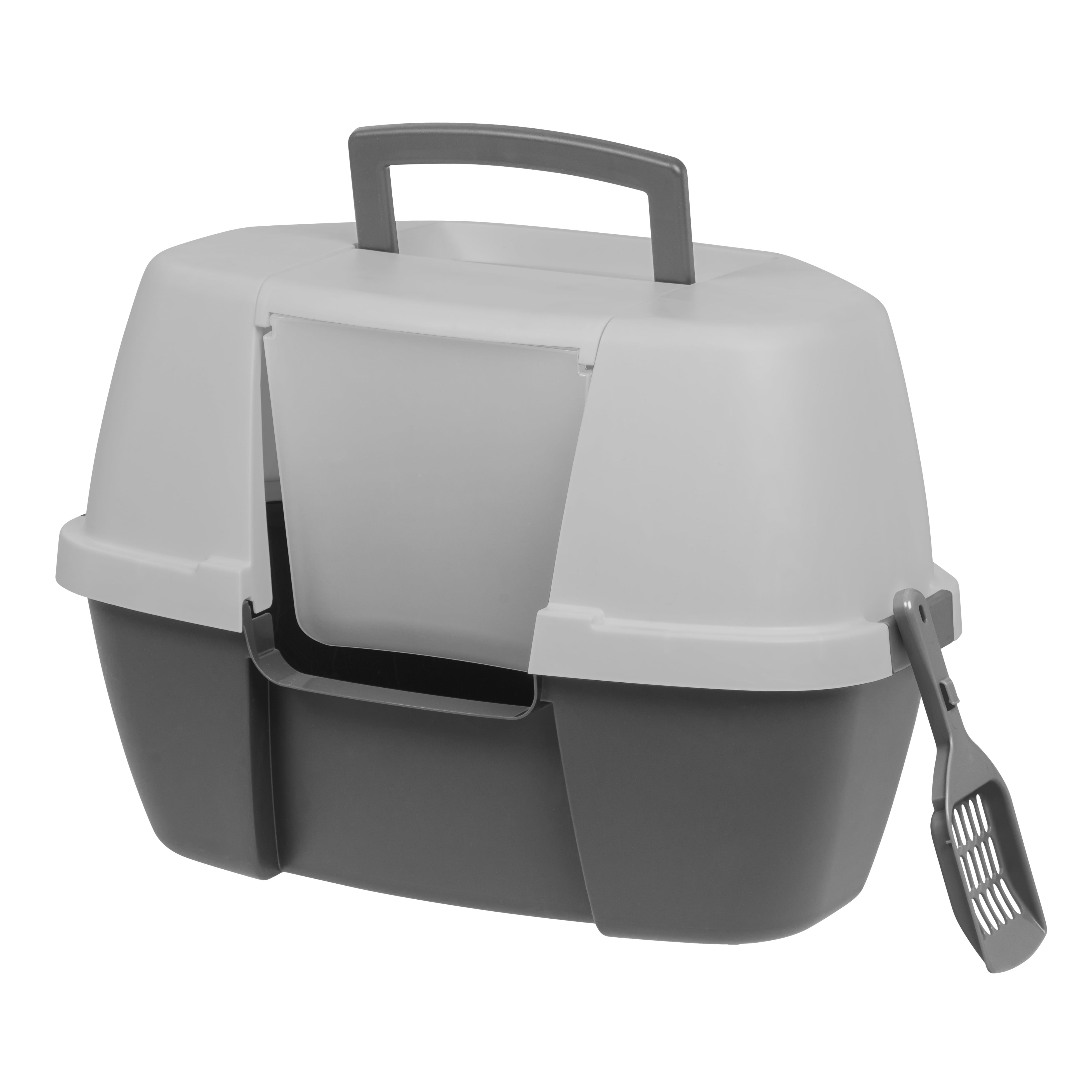 Large Dark Gray Plastic Hooded Corner Cat Litter Box with Scoop