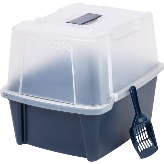 Open Box IRIS USA Large Split-Hood Cat Litter Box with Scoop and Grate, Blue