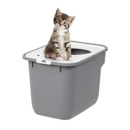 IRIS USA Square Top Entry Cat Litter Box, Kitty Litter Pan with Litter Particle Catching Cover and Privacy Walls, Gray/White