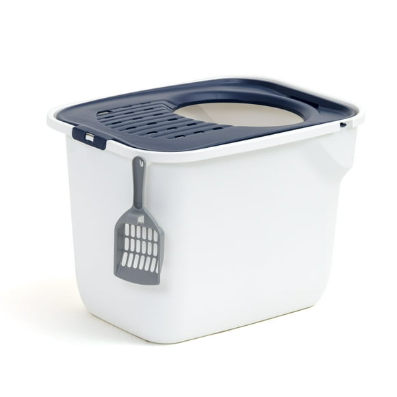 IRIS USA, Large, Top Entry Cat Litter Box with Litter Catching Grated Lid & Scoop, White/Navy Blue