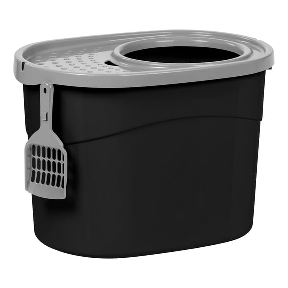 IRIS Oval Top Entry Cat Litter Box with Litter Catching Lid, Privacy Walls and Scoop, Black/Gray