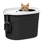 IRIS Large Top Entry Cat Litter Box with Litter Catching Lid & Scoop|Enclosed Design, Black/White