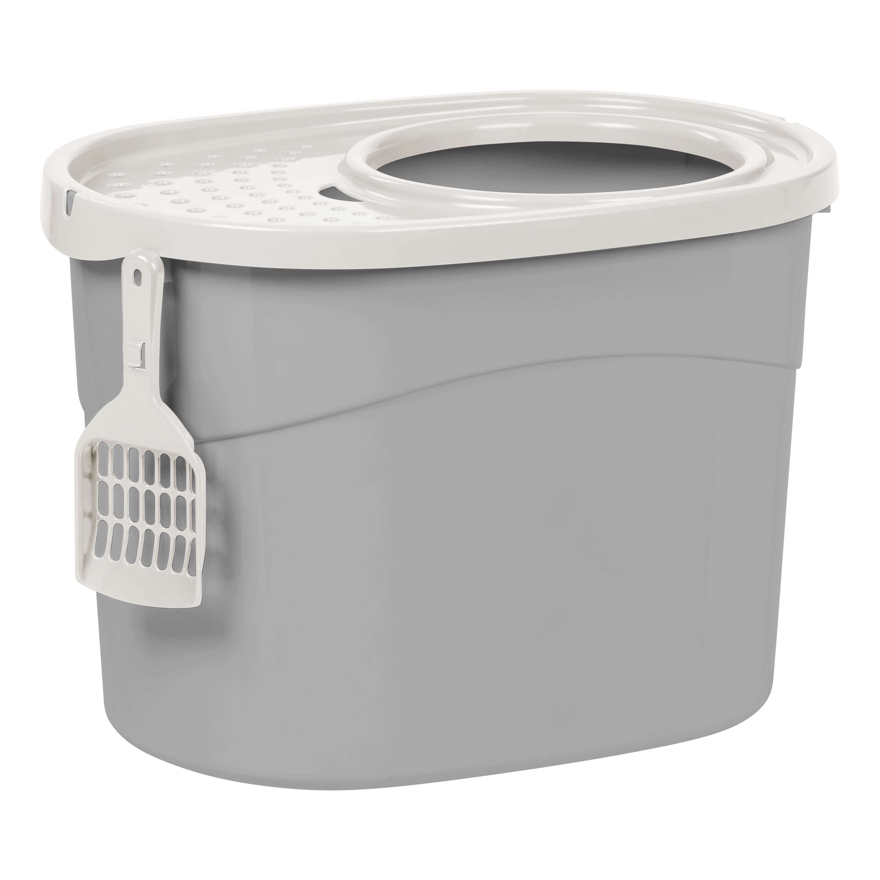 IRIS Oval Top Entry Cat Litter Box with Litter Catching Lid, Privacy Walls and Scoop, Gray/White