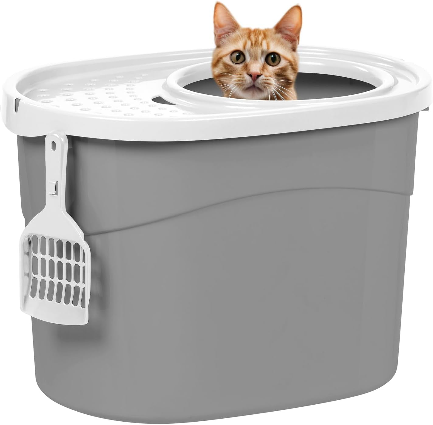 Gray and White Large Top Entry Cat Litter Box with Scoop