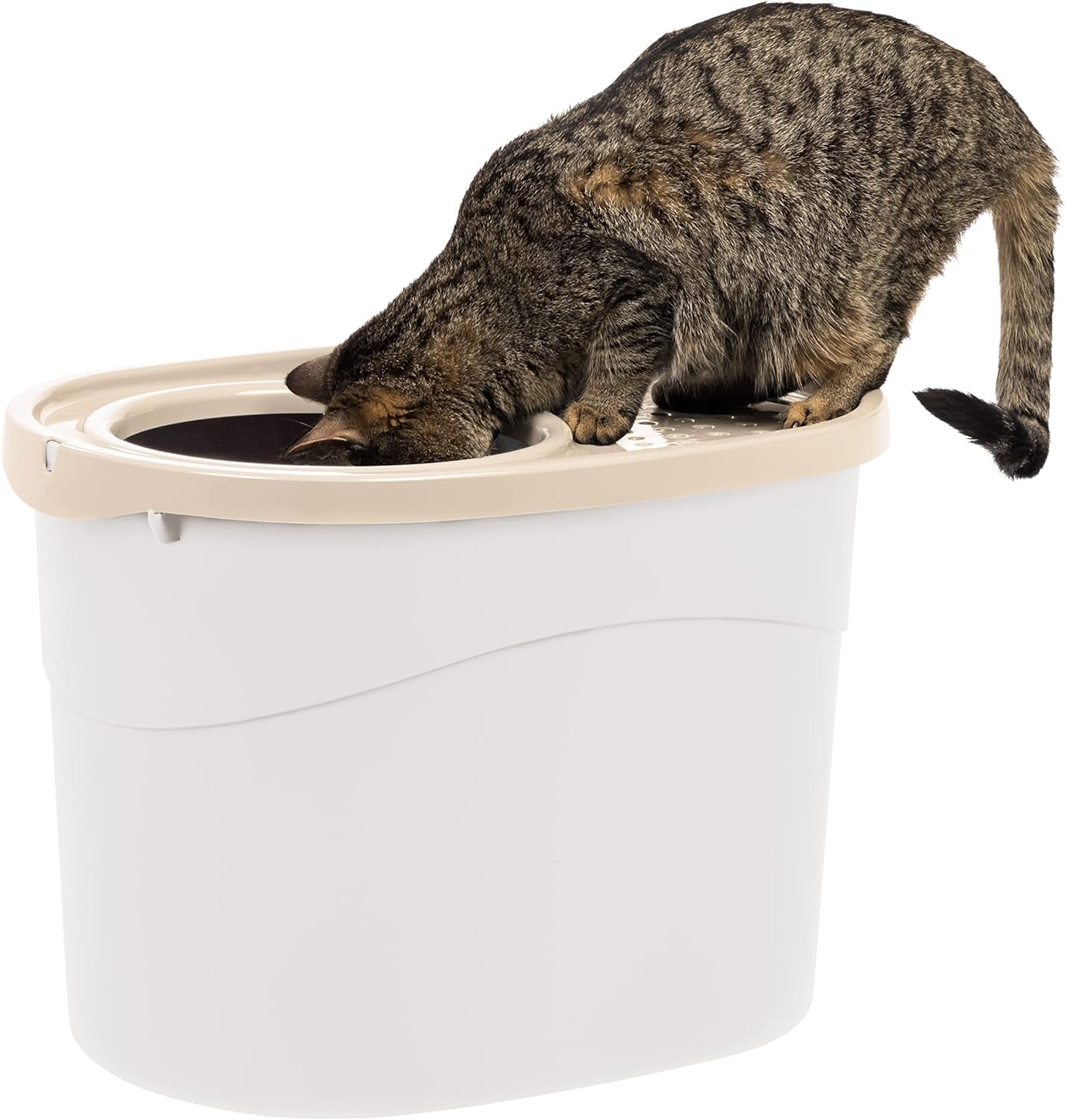 White and Beige Top Entry Cat Litter Box with Scoop