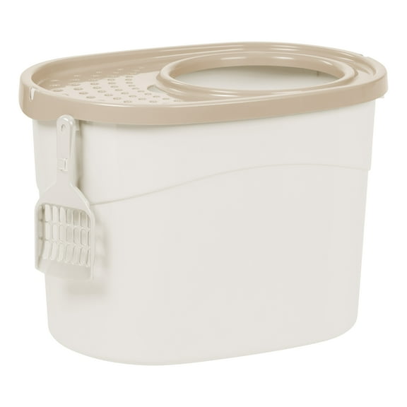 IRIS USA Oval Top Entry Cat Litter Box with Litter Catching Lid, Privacy Walls and Scoop, White/Beige
