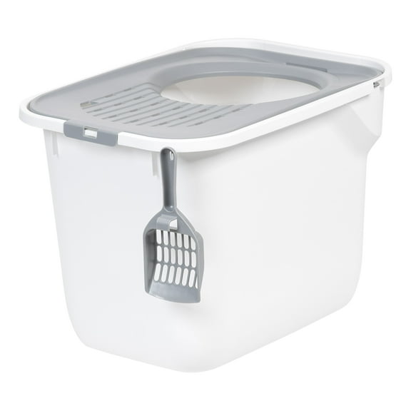 IRIS USA Square Top Entry Cat Litter Box with Litter Catching Lid, Privacy Walls and Scoop, White