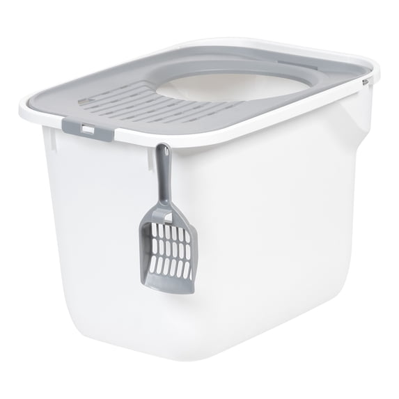 IRIS Square Top Entry Cat Litter Box with Litter Catching Lid, Privacy Walls and Scoops, White