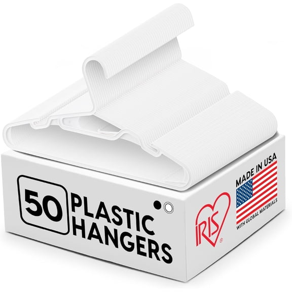 IRIS USA Lightweight Flexible Hangers 50 Pack, Made in USA, Plastic Clothes Hangers with Shoulder Grooves & Accessory Hooks, Dorm Apartment Essentials, Adult Hangers for Light Shirts Clothing, White