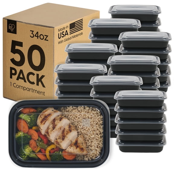 IRIS Meal Prep Containers, 34oz - (100 Piece) 1-Compartment Reusable Food StorageBlack, 50Pk
