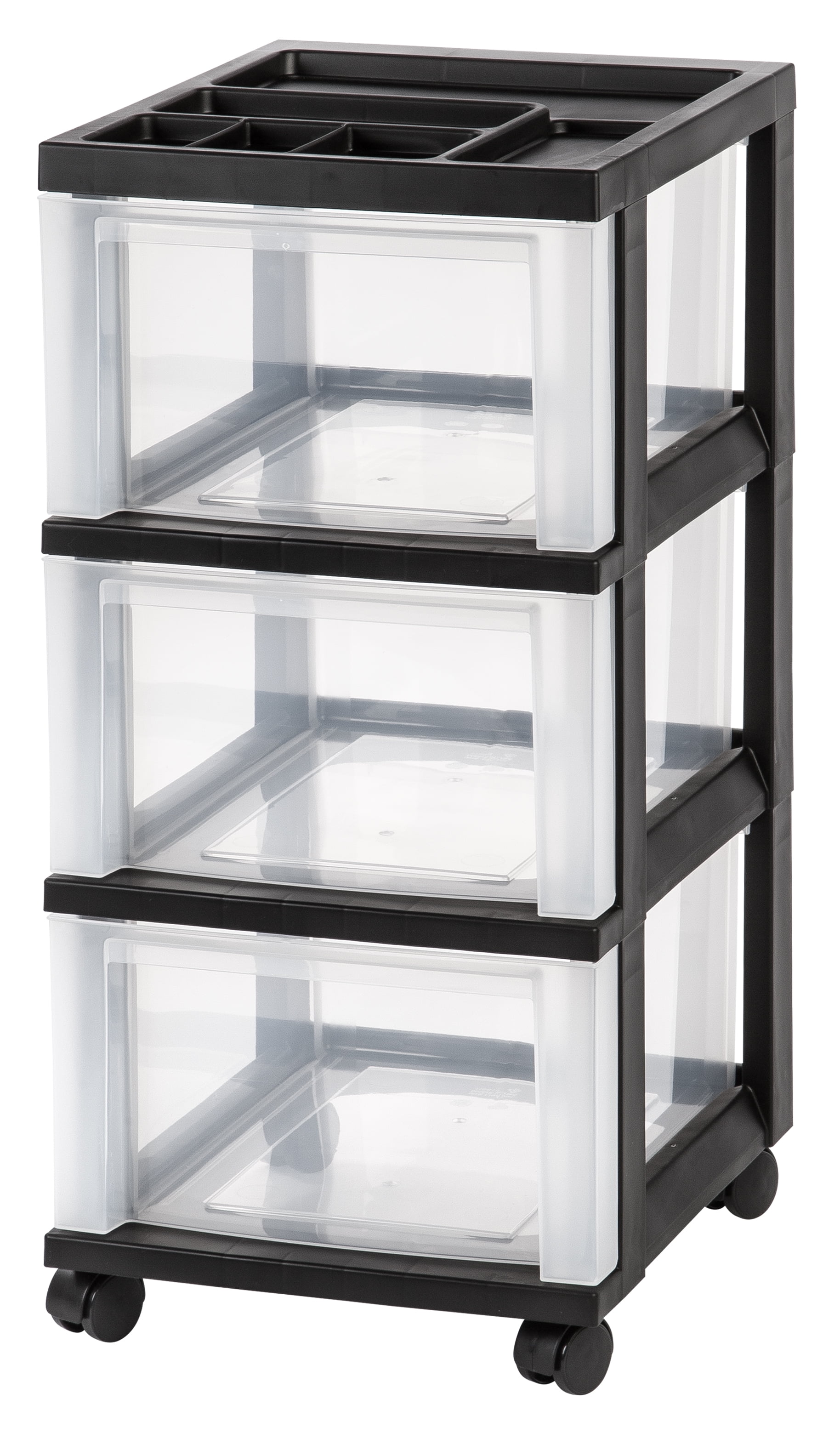 Black Plastic 3-Drawer Rolling Storage Cart with Organizer Top