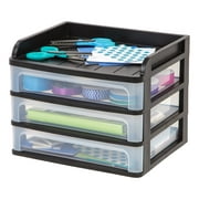 IRIS USA Medium 3-Drawer Desktop Organizer with Open Tray Top, 1 Pack, Plastic Drawer Storage Container for Stationery Art Craft Supplies, Black