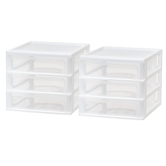 IRIS USA Medium 3-Drawer Desktop Organizer with Open Tray Top, 2 Pack, Plastic Drawer Storage Container for Stationery Art Craft Supplies, White