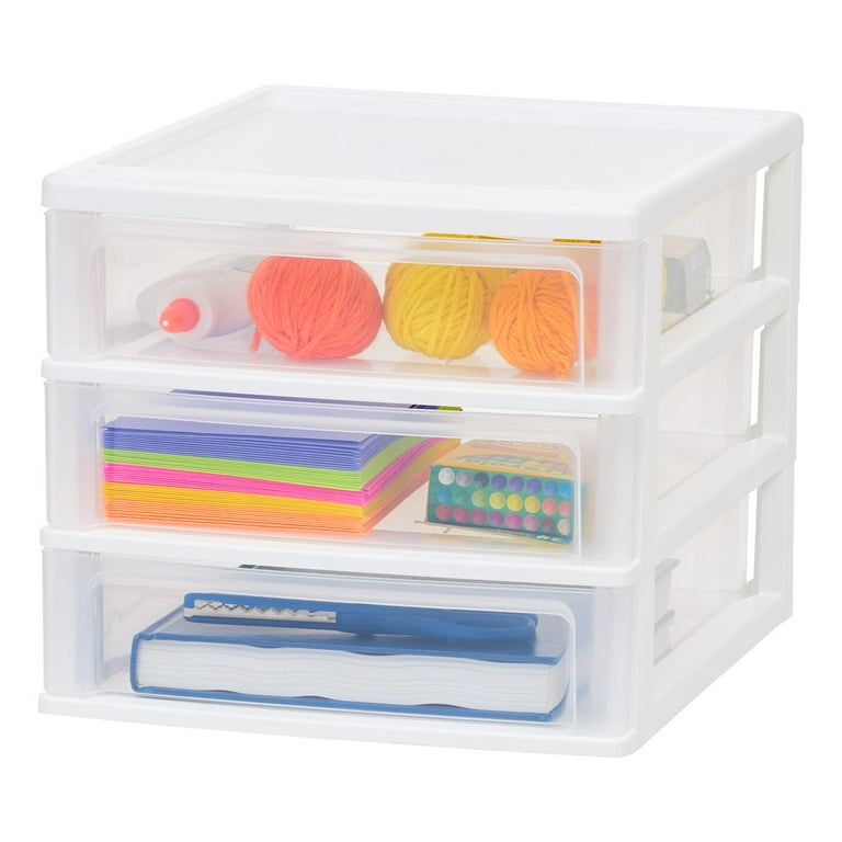 IRIS USA Medium 3 Drawer Stacking Desktop Organizer 1 Pack Plastic Drawer Storage Container for Stationery Art Craft Supplies White