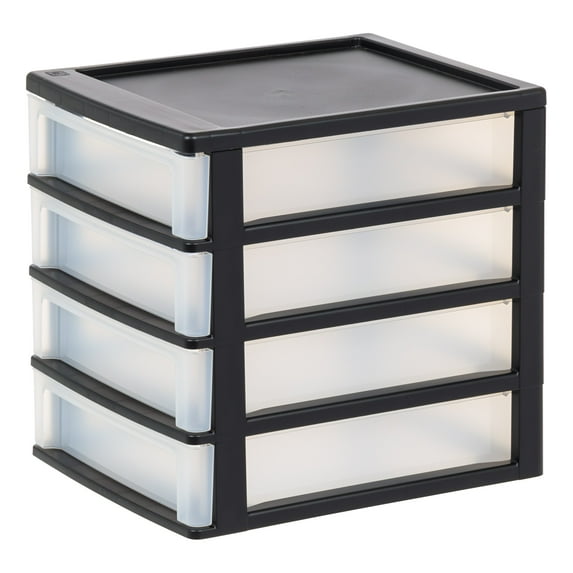 IRIS Medium 4-Drawer Compact Desktop Organizer, Stacking Desktop Unit, Black-Clear, Single Pk
