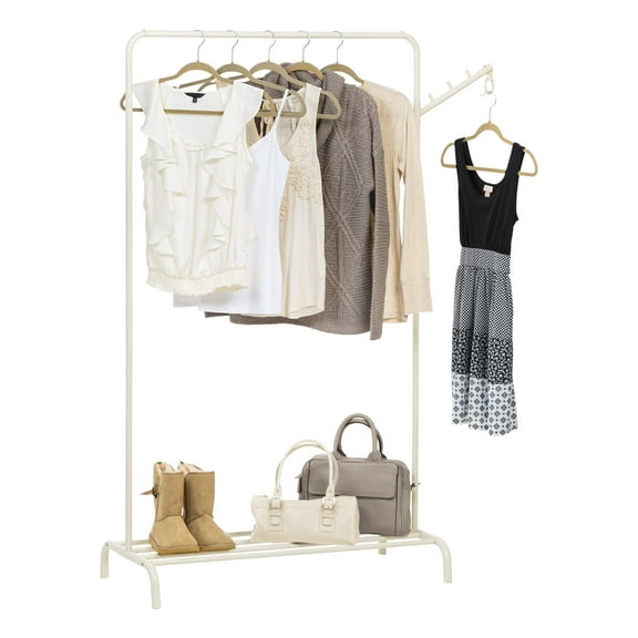 IRIS USA Metal Garment Rack Floor Cloths Rack w/ Shoe Storage Shelf, White