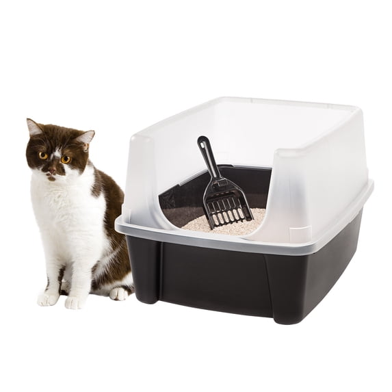 IRIS Open Top Cat Litter Tray with Scoops and Scatter Shield, Sturdy High Sided Kitty Litter Pan with Tall Spray and