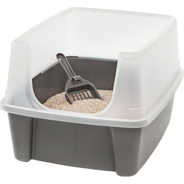 IRIS USA Open Top Cat Litter Tray with Scoop and Scatter Shield, Cat Litter Pan, Dark Gray