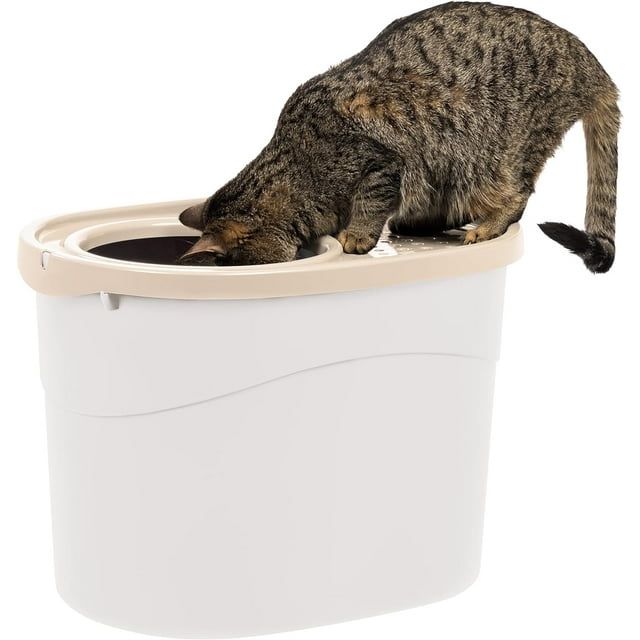 IRIS USA Oval Top Entry Cat Litter Box with Litter Catching Lid