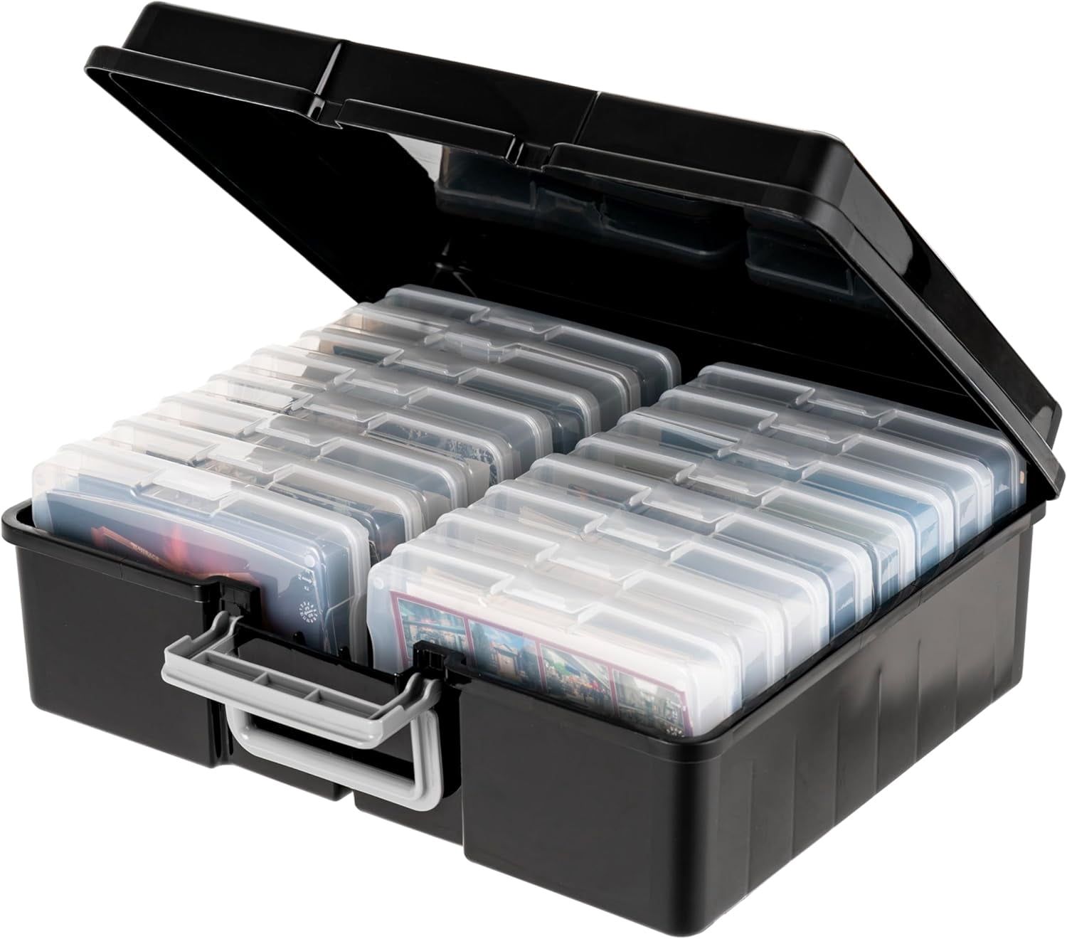 IRIS Photo Storage Case with 16 Inner 4" x 6" Picture Holders, Black, Opaque Organizer with Handle for Photos