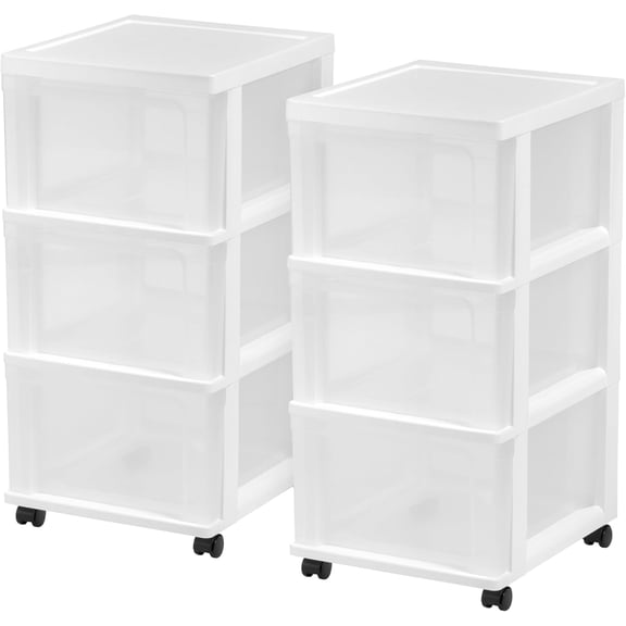 IRIS USA Plastic 3-Drawer Storage Organizer Rolling Cart with Wheels, Slim Narrow Design, White/Clear, 2-Pack