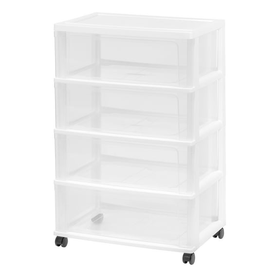 IRIS USA Plastic 4 Drawer Wide Storage Cart with 4 Caster Wheels, White