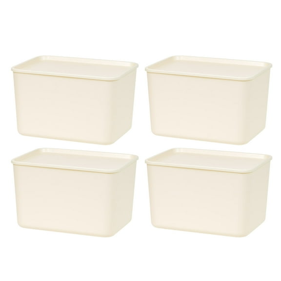 IRIS USA Plastic Modular Basket Bin & Lid, Large, 4-Pack, Stackable Lidded Storage Organizer Bins for-Kitchen-Bathroom and Bedroom, OFF White